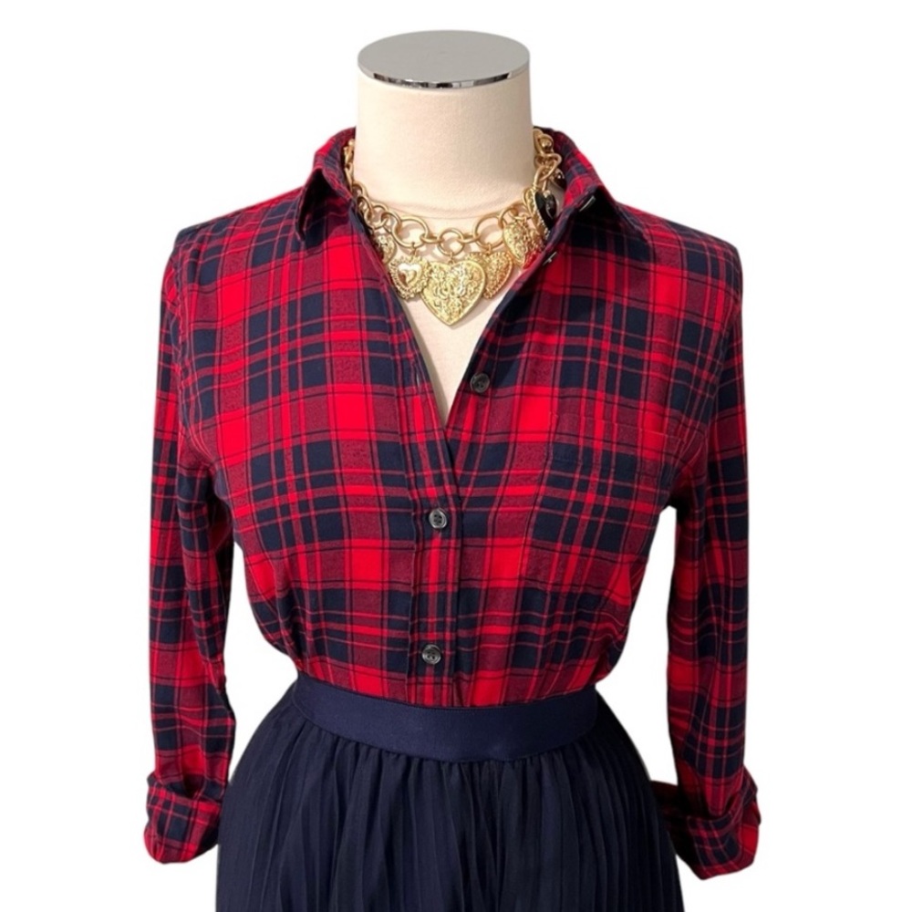 J. CREW FACTORY Boy Fit Flannel Plaid Button Cotton Shirt F7289 Blue Red Sz XS